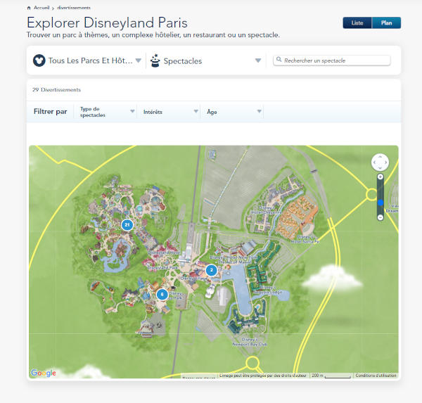 Plan interactif de Disneyland Paris à explorer.